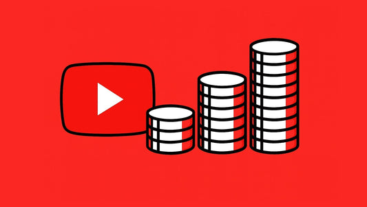 A guide to YouTube monetization in 2025, showing the YouTube logo next to a rising bar chart of gold coins, representing creator earnings.