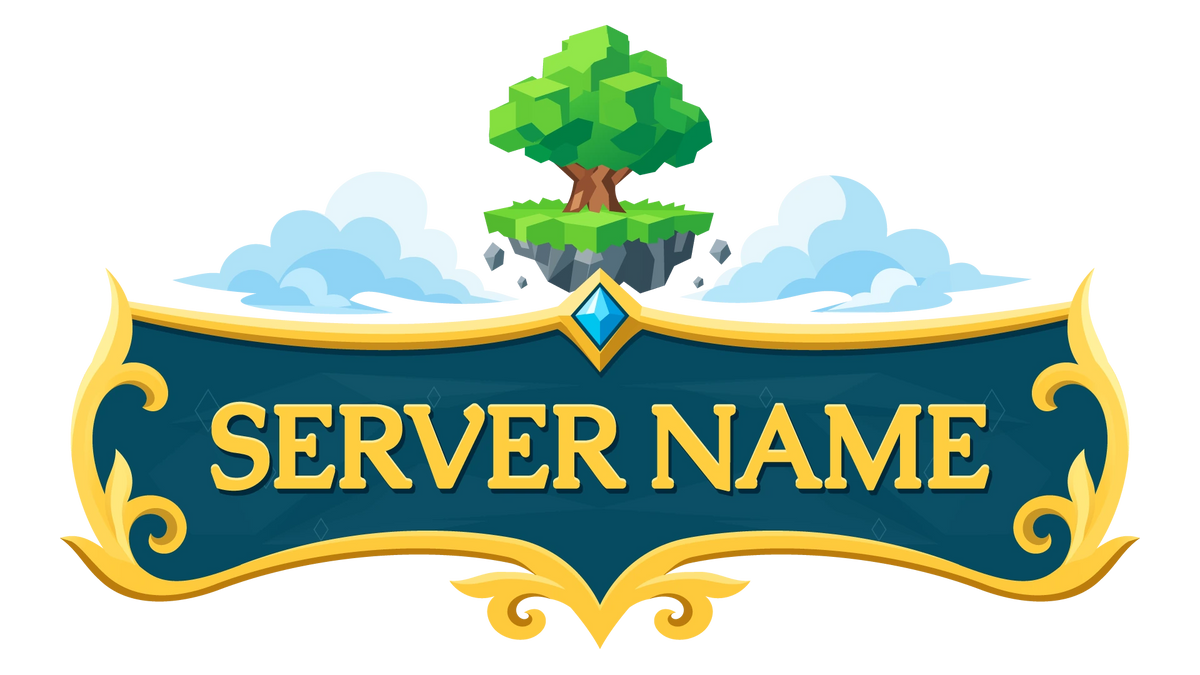 Skyblock server logo with a floating oak island, clouds, cyan gemstone and ornate gold name frame