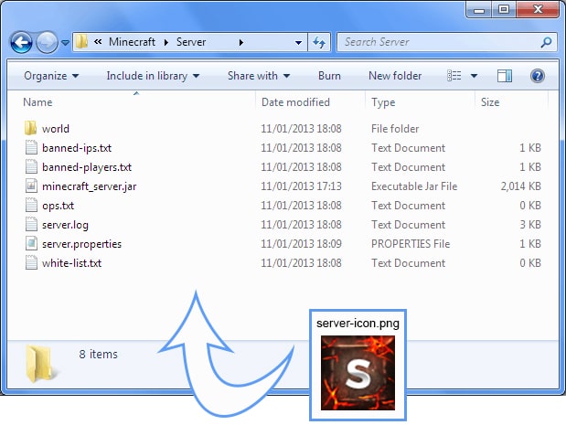 Carpeta del servidor en Windows que muestra dónde añadir server-icon.png