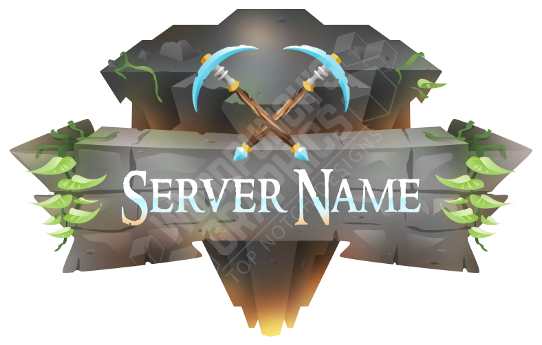 Plantilla de logo para servidor de Minecraft con picos cruzados y una cueva