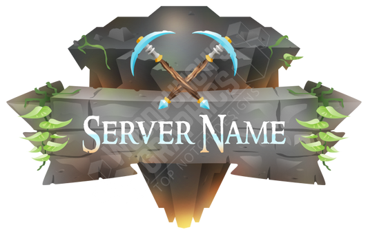 Plantilla de logo para servidor de Minecraft con picos cruzados y una cueva