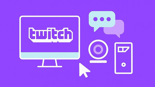 Streaming setup with a Twitch logo a webcam and a PC