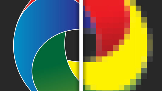 A digital art image showing the difference between a crisp, clean vector graphic on the left and a blurry, pixelated raster graphic on the right.
