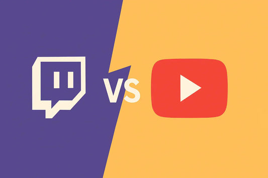 The Twitch logo and the YouTube logo facing off in a "versus" style comparison image for streamers.
