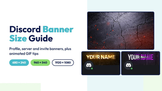 Discord banner size guide cover with an Ember server banner and two animated profile banners on Discord profile cards