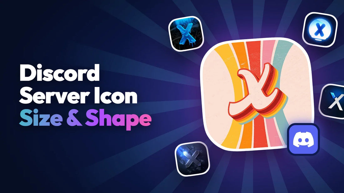 Discord server icon size and shape guide cover with a squircle server icon and the Discord logo