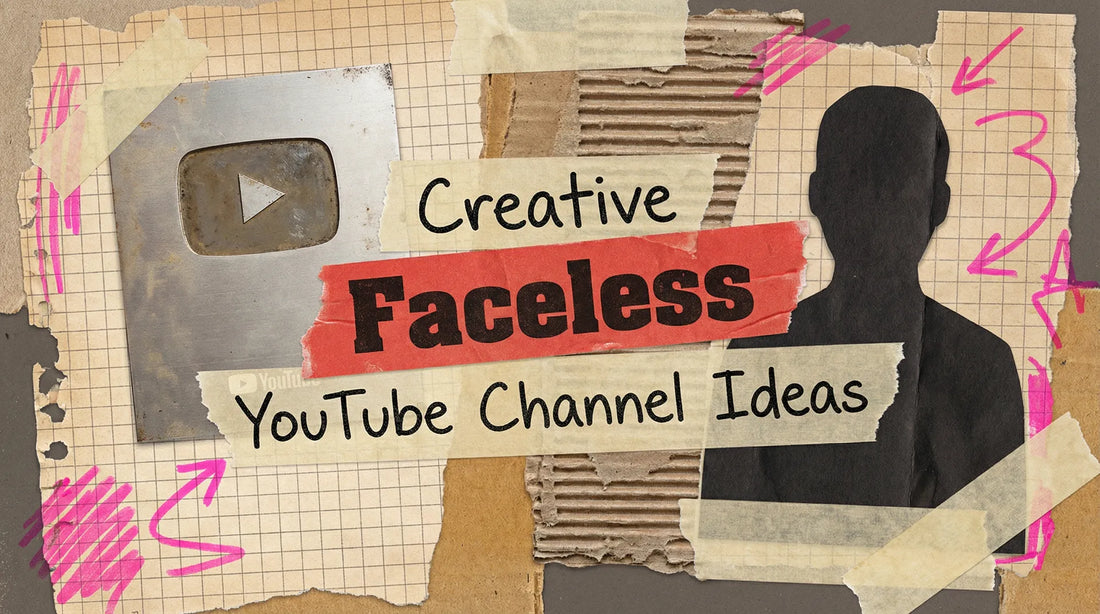 Mixed-media collage with a silver YouTube Play Button, a faceless silhouette, and text on ripped red tape and cardboard.
