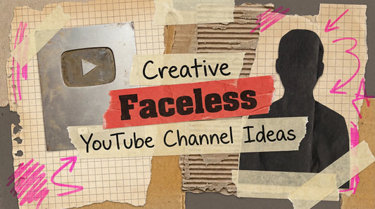 Mixed-media collage with a silver YouTube Play Button, a faceless silhouette, and text on ripped red tape and cardboard.