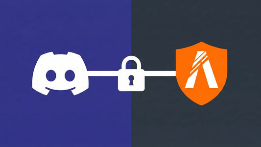 Split screen infographic connecting the Discord logo and FiveM shield with a padlock to illustrate a secure FiveM Discord whitelist setup.