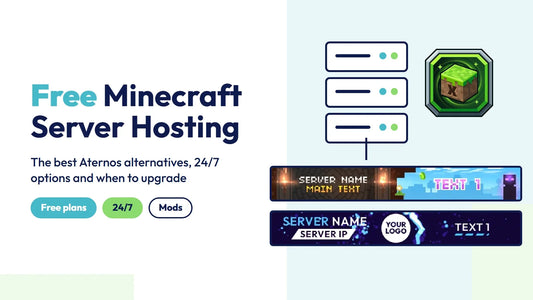 Free Minecraft server hosting guide cover with a server rack, a server icon and animated Minecraft server banners