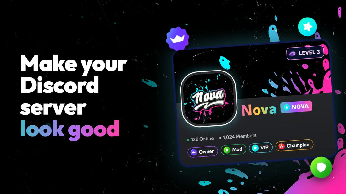 Make your Discord server look good: a finished Color Spill server card with role icons on paint splash art