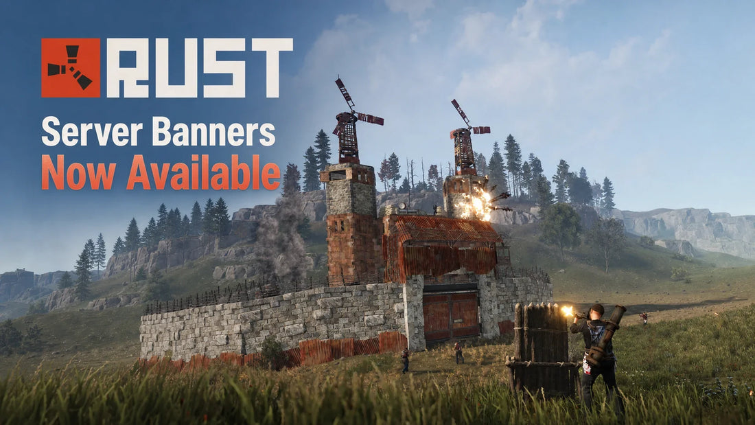 Banners de servidor de Rust ya disponibles sobre un asalto a una base de Rust con molinos de viento y un jugador armado con un cohete