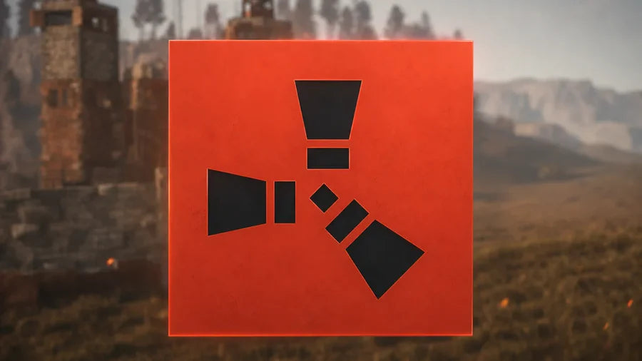 Icono del logo de Rust sobre un fondo borroso de gameplay de Rust