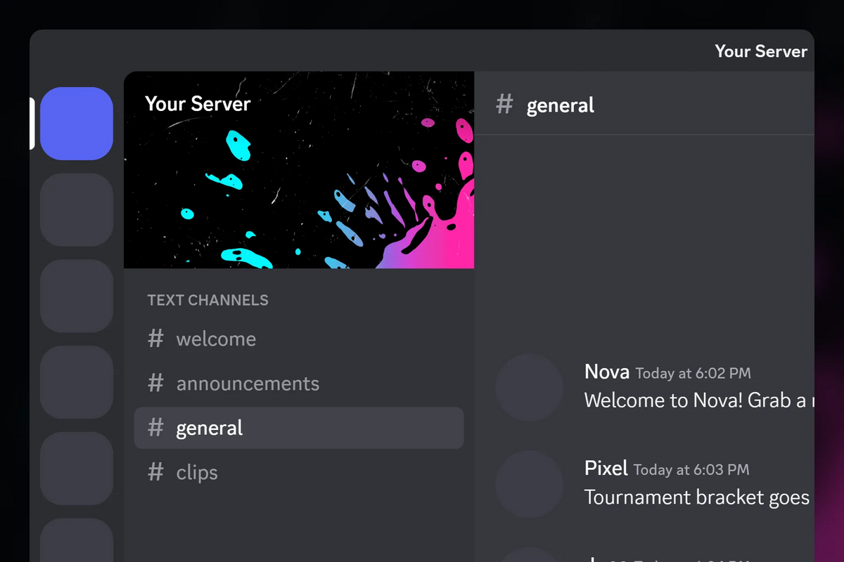 Color Spill Discord server banner, blue and pink, animated, shown in a Discord server