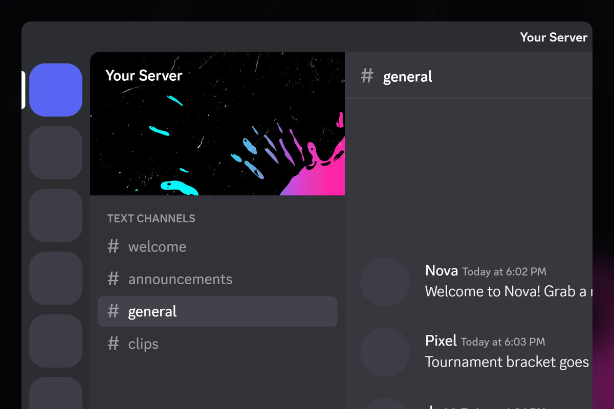 Color Spill Discord server banner, blue and pink, shown in a Discord server