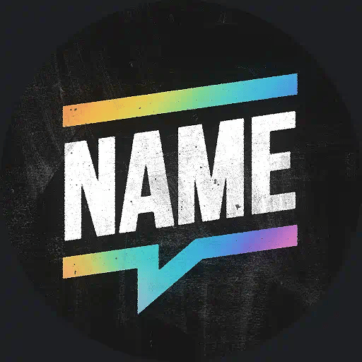 Black circular PFP with 'NAME' text and rainbow-colored lines on a dark background