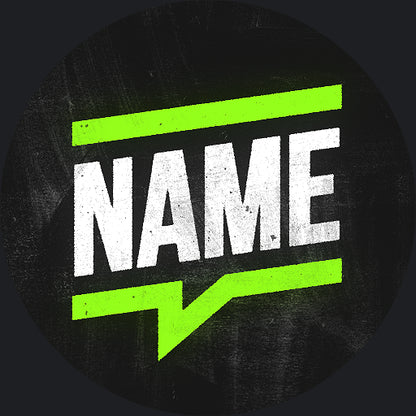 Circular logo with 'NAME' text and green accents on a dark background