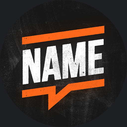 Circular PFP with 'NAME' text and orange accents on a dark background