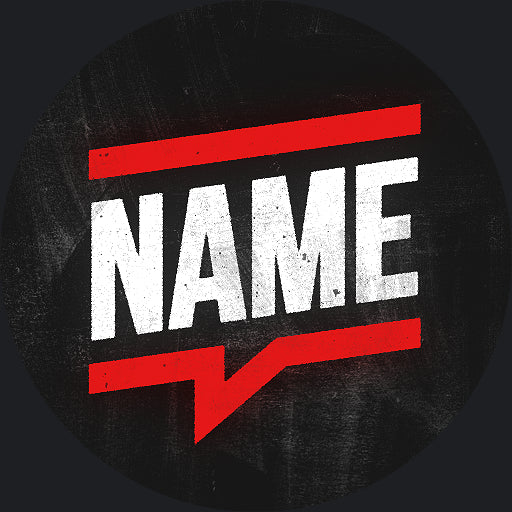 Circular PFP with 'NAME' text and red accents on a dark background