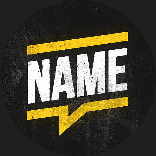 Circular PFP with 'NAME' text in white and yellow accents on a dark background