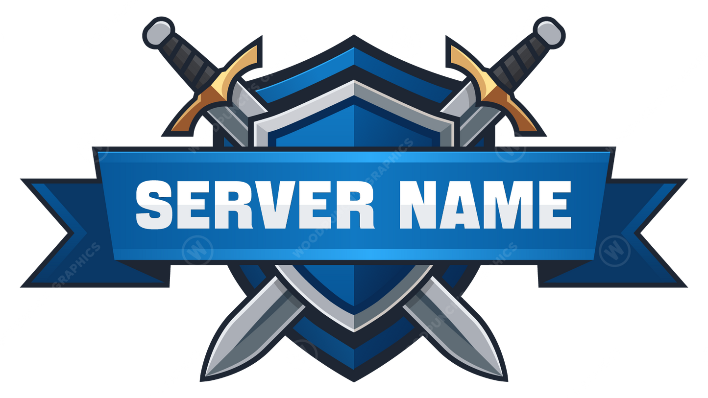 Server name logo with crossed swords and a blue banner on a white background