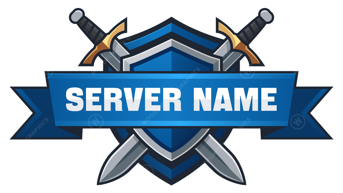 Logo de nombre de servidor con espadas cruzadas y un banner azul sobre un fondo blanco