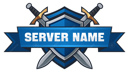 Server name logo with crossed swords and a blue banner on a white background