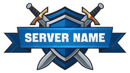 Server name logo with crossed swords and a blue banner on a white background