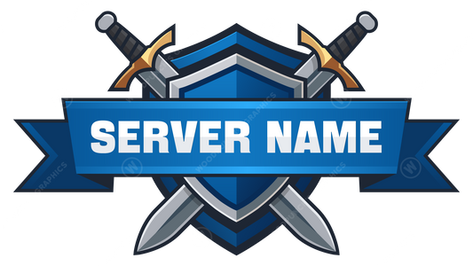 Server name logo with crossed swords and a blue banner on a white background