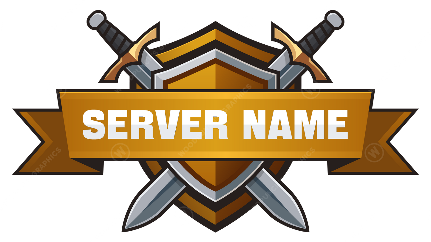 Server name banner with crossed swords on a white background