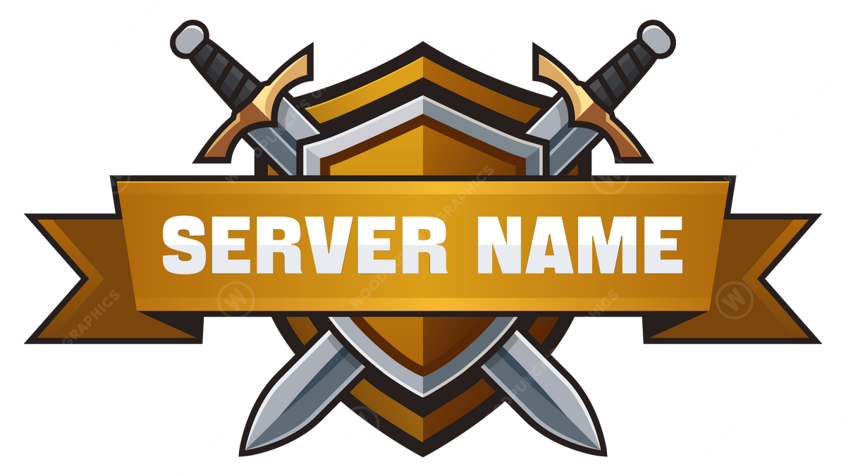 Banner de nombre de servidor con espadas cruzadas sobre un fondo blanco
