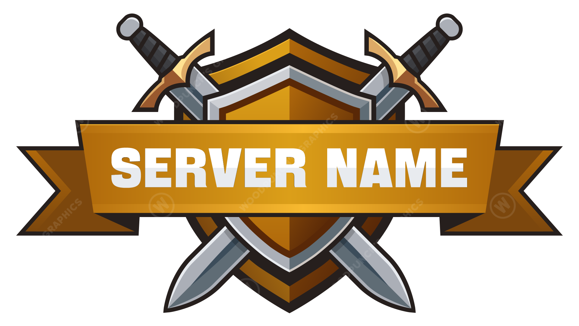 Server name banner with crossed swords on a white background