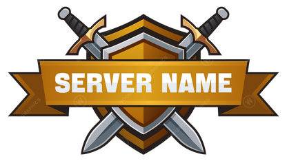 Server name banner with crossed swords on a white background