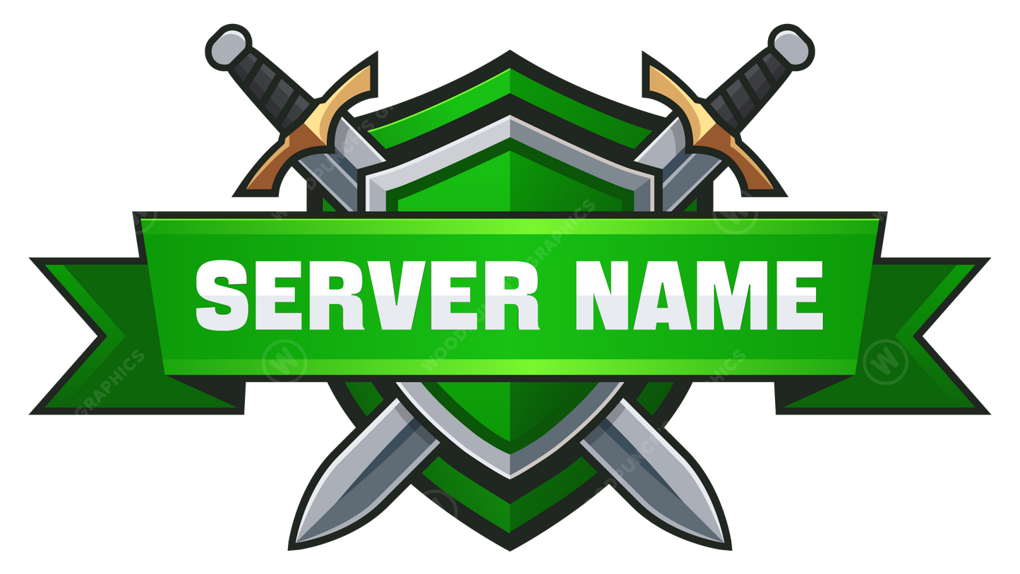 Server name logo with crossed swords and a green banner on a white background