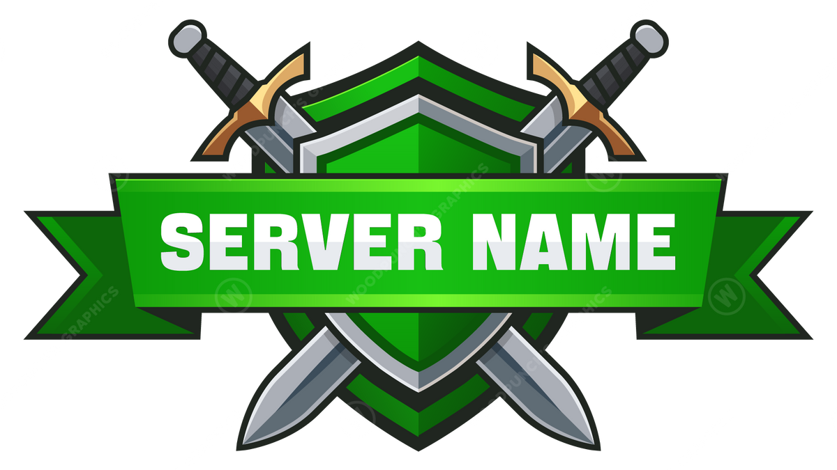 Logo de nombre de servidor con espadas cruzadas y un banner verde sobre un fondo blanco