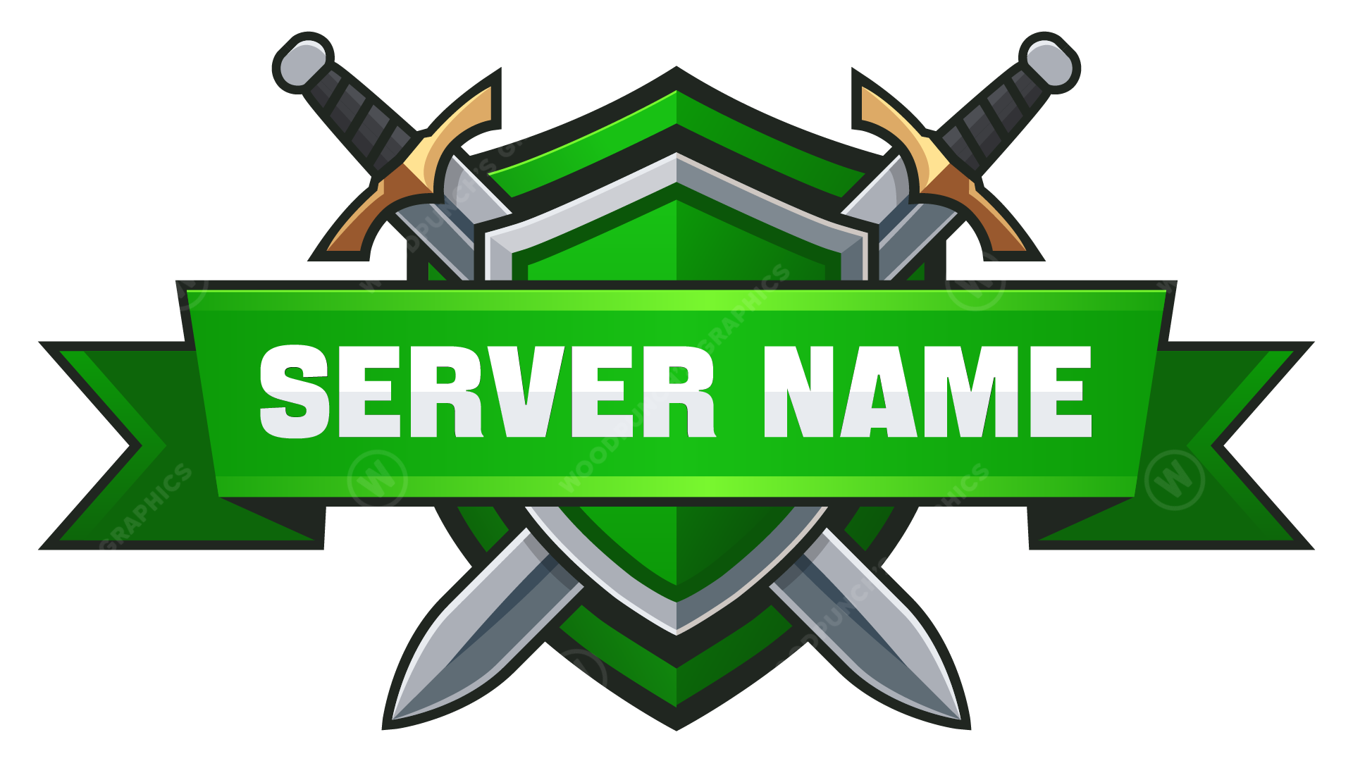 Server name logo with crossed swords and a green banner on a white background