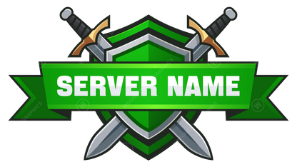 Server name logo with crossed swords and a green banner on a white background