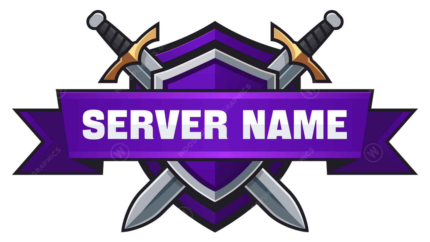 Server name logo with crossed swords and a purple banner on a white background