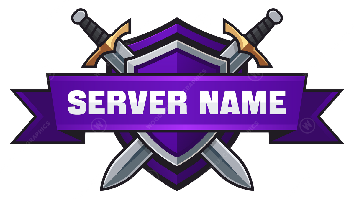 Logo de nombre de servidor con espadas cruzadas y un banner morado sobre un fondo blanco