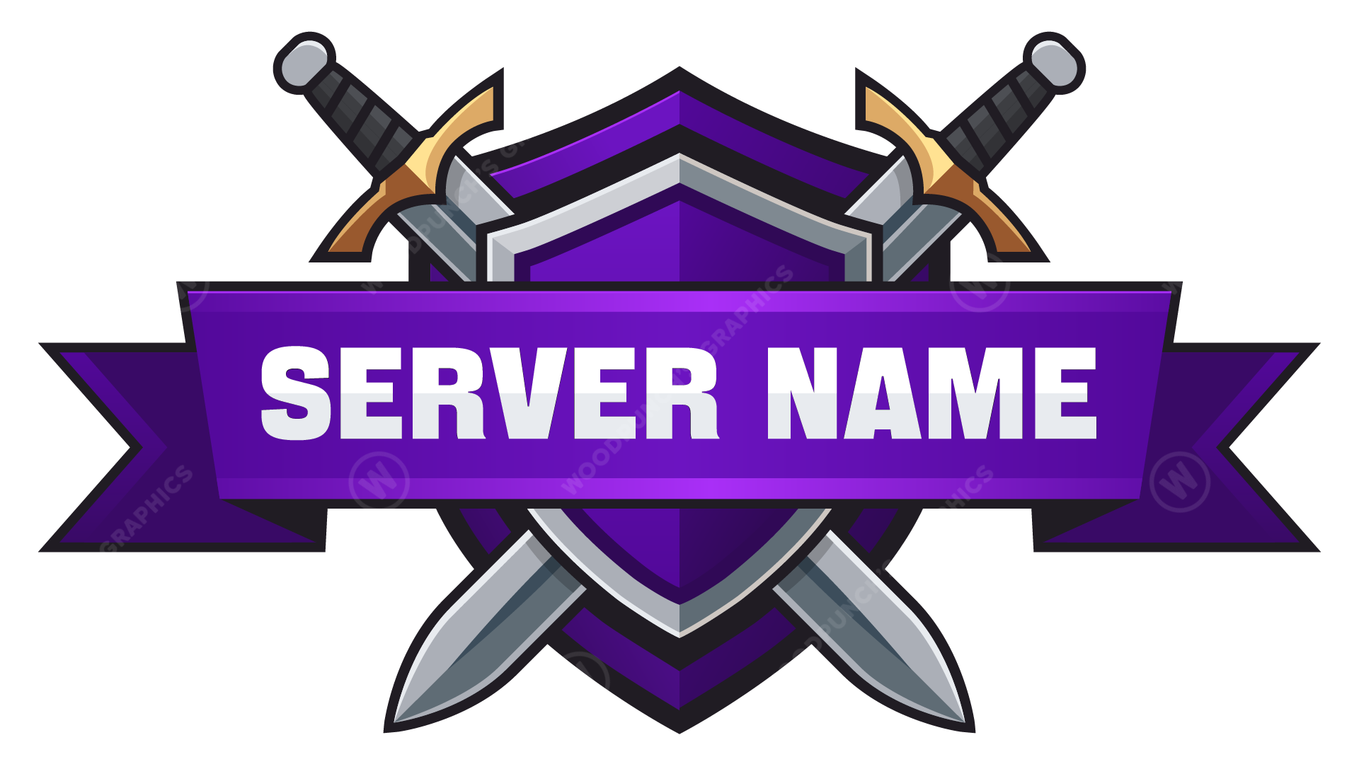 Server name logo with crossed swords and a purple banner on a white background