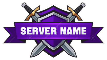 Server name logo with crossed swords and a purple banner on a white background