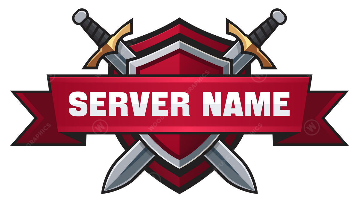 Logo con espadas cruzadas y un banner rojo que muestra 'SERVER NAME' sobre un fondo blanco