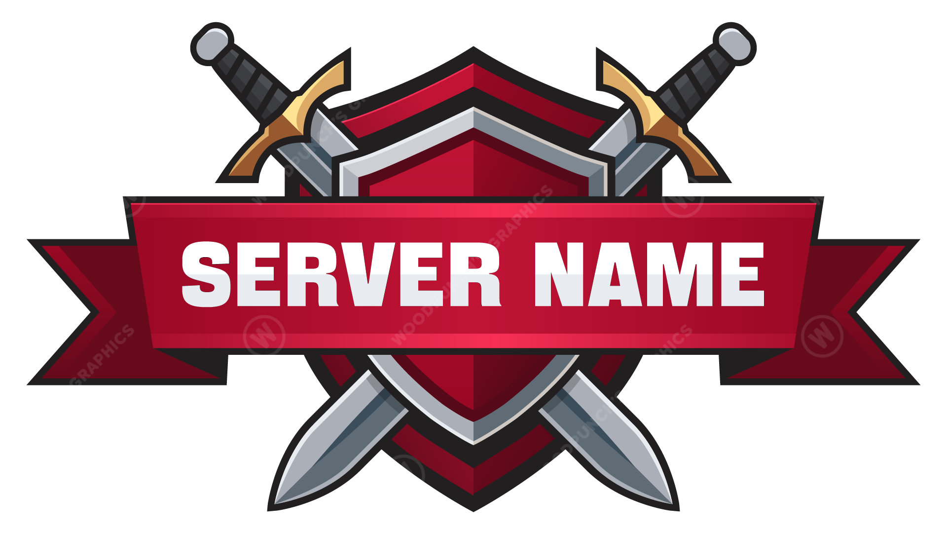 Logo with crossed swords and a red banner displaying 'SERVER NAME' on a white background