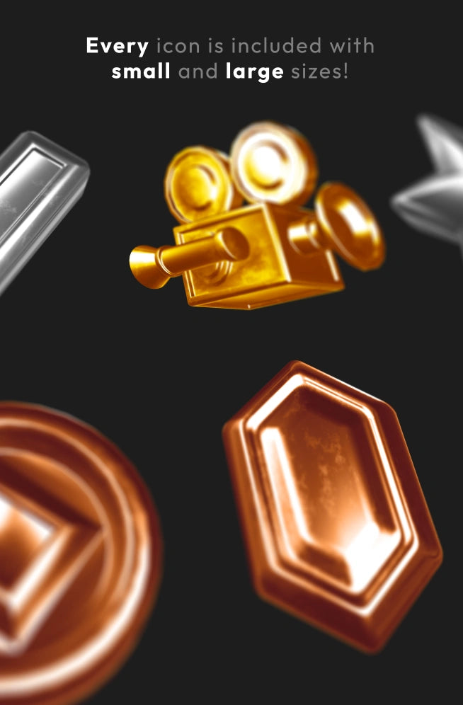 Set metallischer Discord-Rollen-Icons auf schwarzem Hintergrund mit Text über Icon-Größen.
