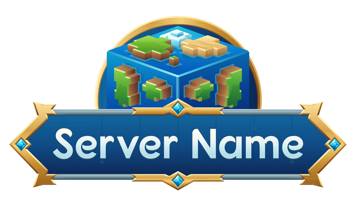 Earth Cube Minecraft server logo with a blue nameplate, gold and steel frame, sapphire gems and grass, desert and arctic biomes.