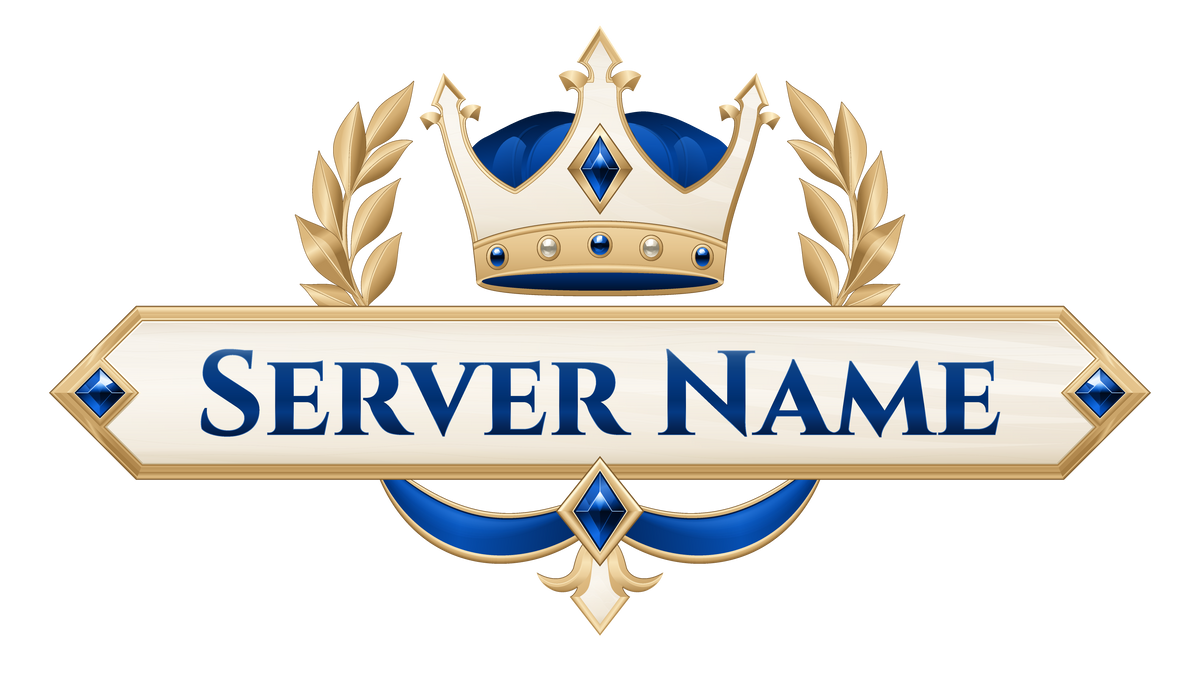 Imperial Crown server logo in blue with a jeweled three-point gold crown, ivory nameplate, gold laurels and rich ribbons.