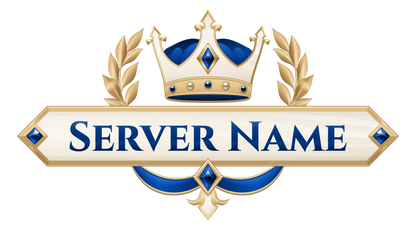 Imperial Crown server logo in blue with a jeweled three-point gold crown, ivory nameplate, gold laurels and rich ribbons.
