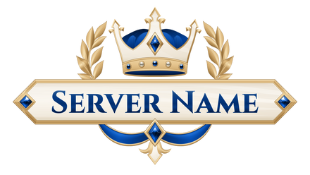 Imperial Crown server logo in blue with a jeweled three-point gold crown, ivory nameplate, gold laurels and rich ribbons.