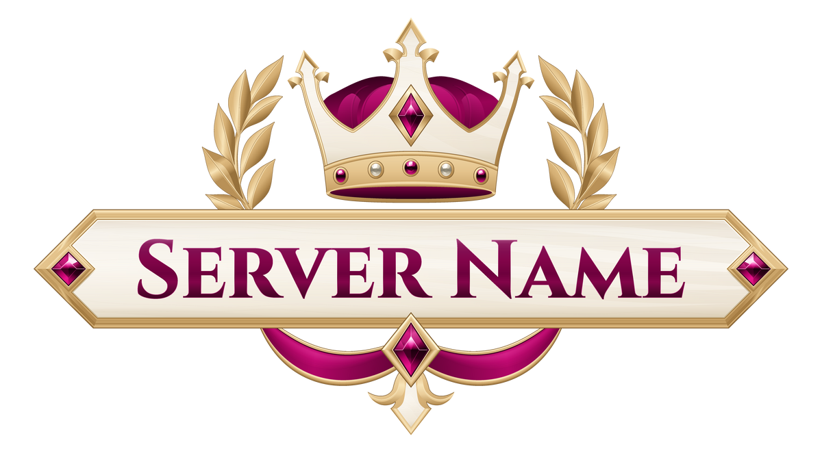 Imperial Crown server logo in pink with a jeweled three-point gold crown, ivory nameplate, gold laurels and rich ribbons.