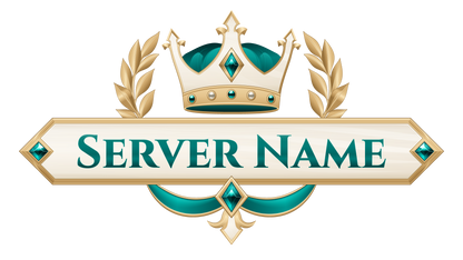 Imperial Crown server logo in teal with a jeweled three-point gold crown, ivory nameplate, gold laurels and rich ribbons.